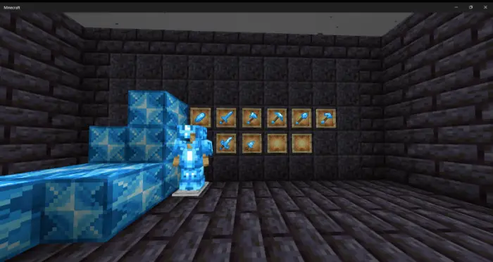 Blue armor and tools displayed in stone room