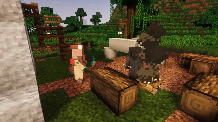 Two characters at a campsite with crates