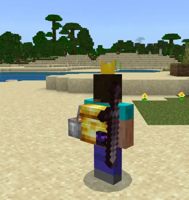 Character with a backpack and sword on beach