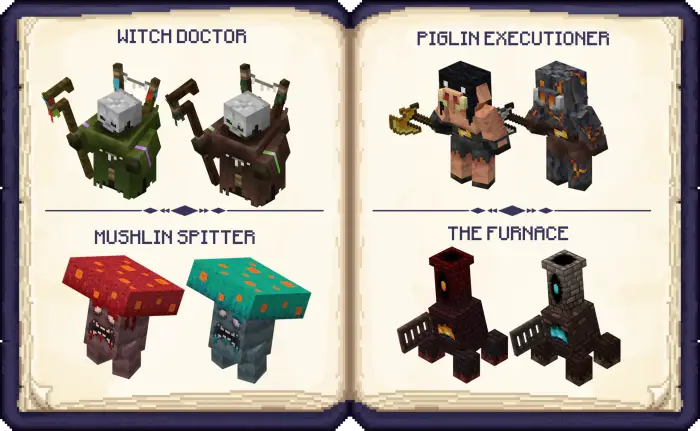 1. Witch Doctor mob with staffs 2. Piglin Executioner duo with weapons 3. Red and blue Mushlin Spitters 4. Two furnace-themed