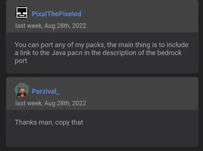 Two users discuss porting texture packs.