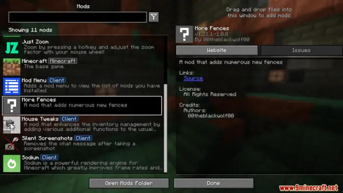 Mod menu showing More Fences details