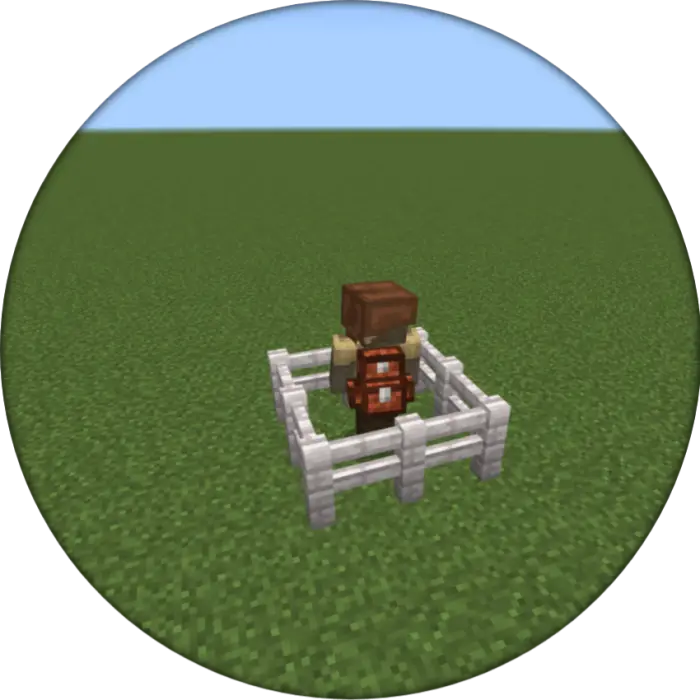Character with red backpack in fenced area