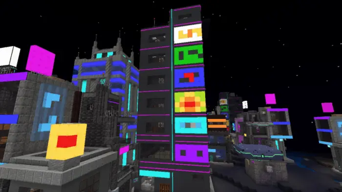 Neon-lit futuristic cityscape at night.