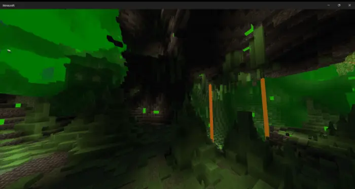 Glowing green cavern with lava flows