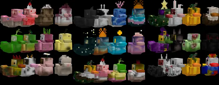 Colorful rubber duck variants in rows