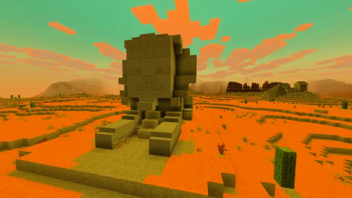 Stone sphinx-like structure in desert biome