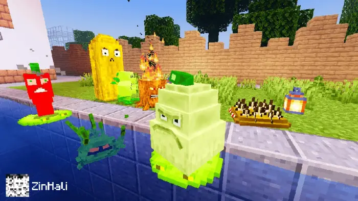 Blocky PvZ plants lined up beside a pool