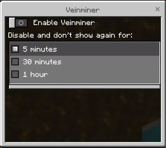 Veinminer addon settings menu options