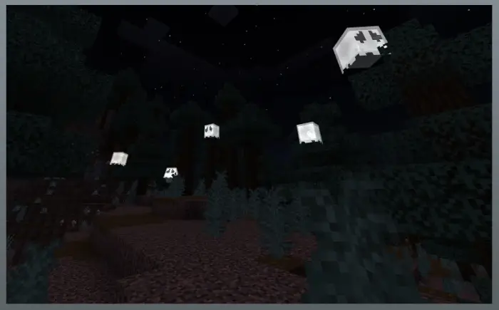 Tiny glowing ghosts floating in a dark forest
