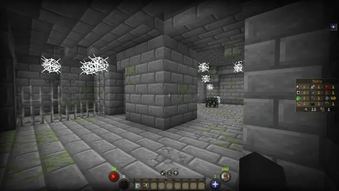 Stone dungeon with cobwebs and skill HUD.