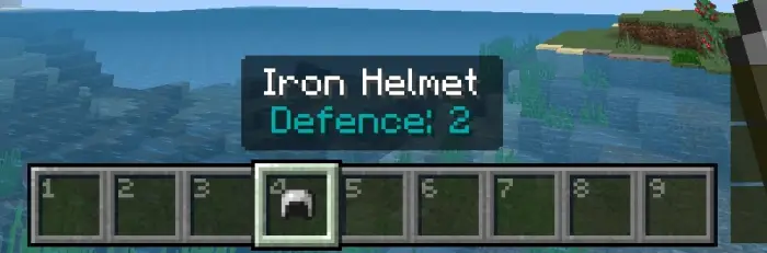 HUD hotbar with iron helmet info tooltip