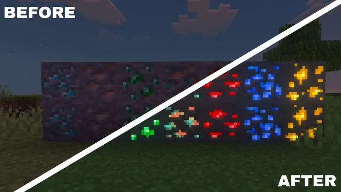 Before and after ores with glowing effect