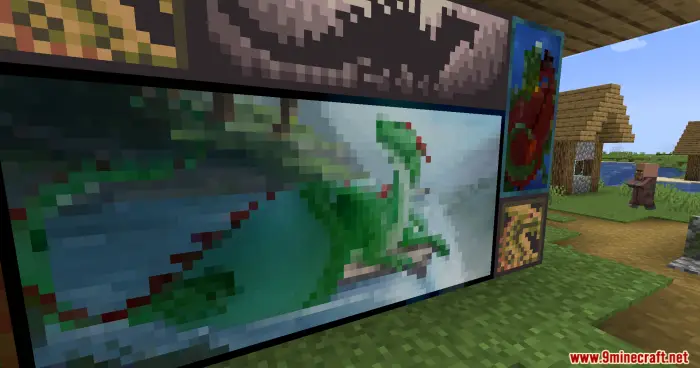 Pixel-art dragon paintings displayed on wall