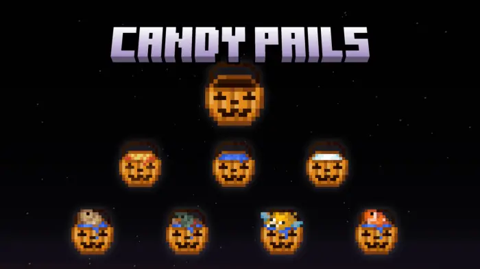 Pixelated jack-o-lantern candy pails row