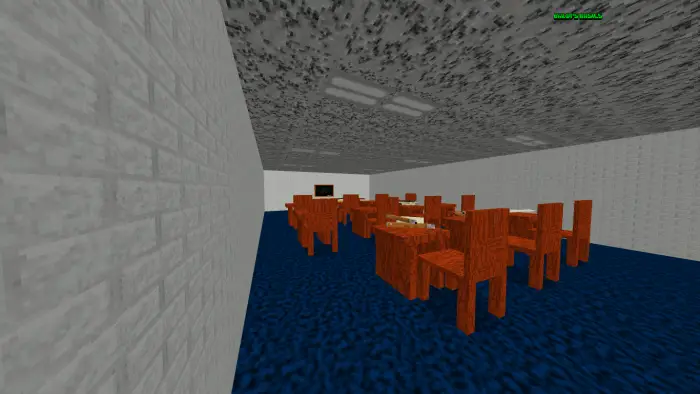 Blocky classroom with desks and blue carpet