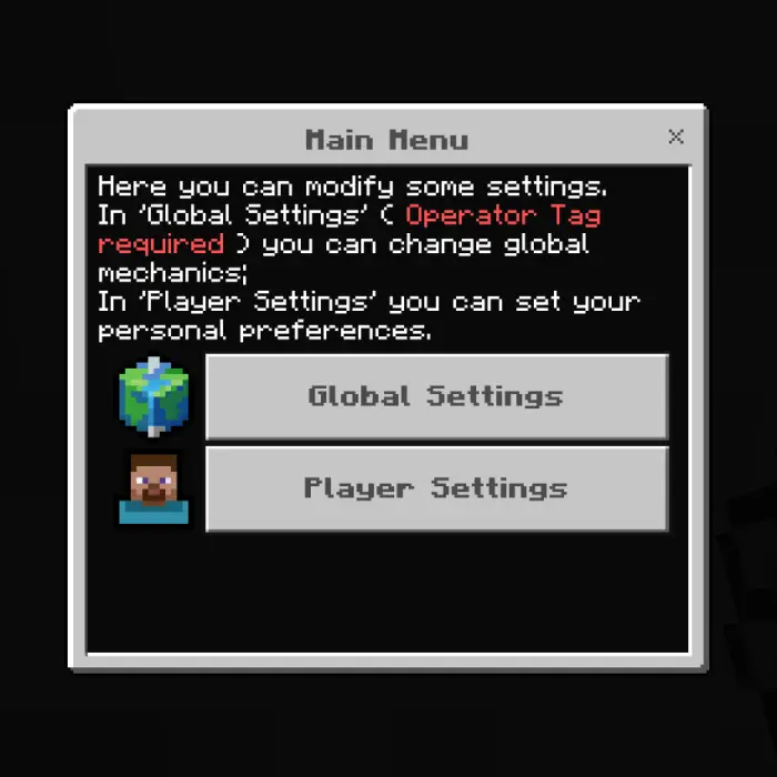 Game mod menu with global and player settings.