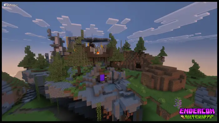 Blocky landscape with portal and trees.