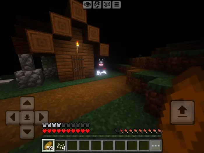 Glowing monster near a wooden house at night