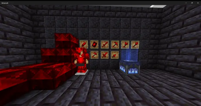 Red armor, weapons, and ores on display