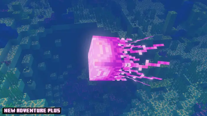 Glowing pink jellyfish in underwater biome