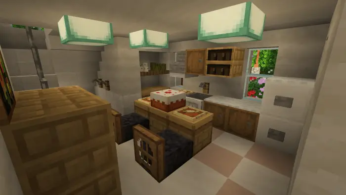 Modern villa kitchen with cake on table