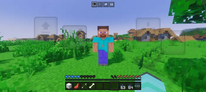 Blocky character mimics player in village.