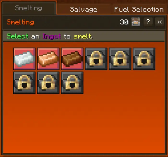 Smelting menu with locked ingot options.