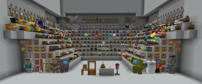 Shelves filled with hats, masks, and backpacks