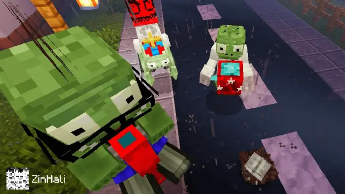 Blocky zombies in rain on a pixelated street