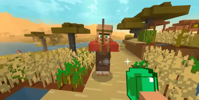 Cartoon-style farmer and emerald in a field