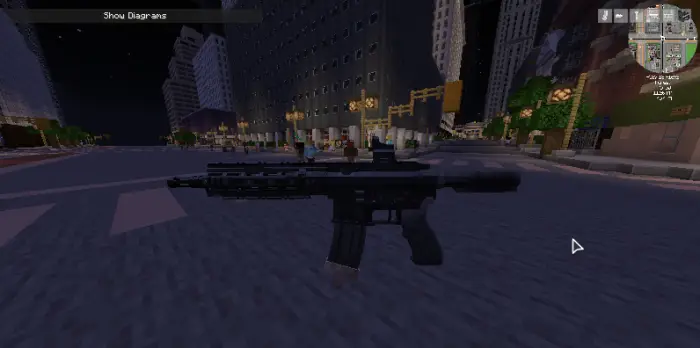 Blocky city street with a rifle at night