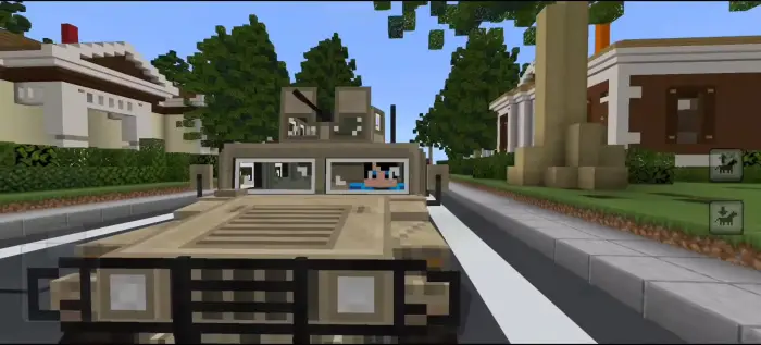 Blocky military vehicle on city street
