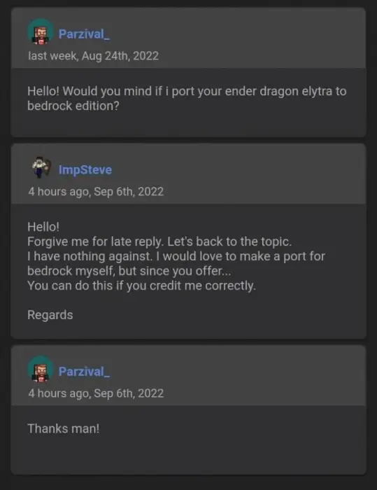 Three users discuss porting dragon elytra wings.