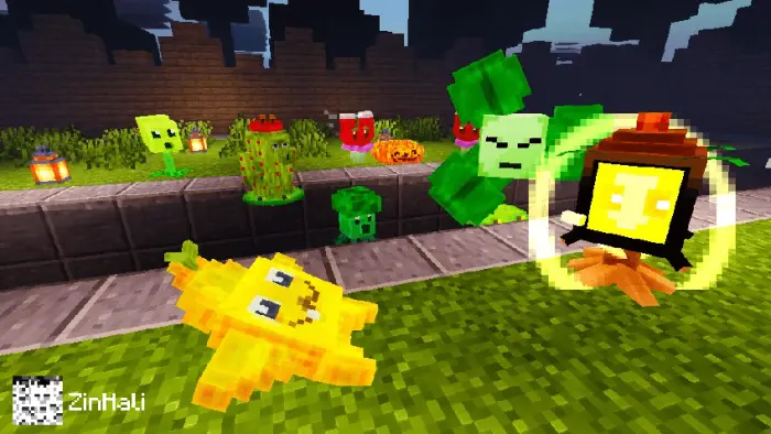 Blocky PvZ plants lined up on grass