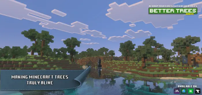 Lush, realistic trees by a reflective lake