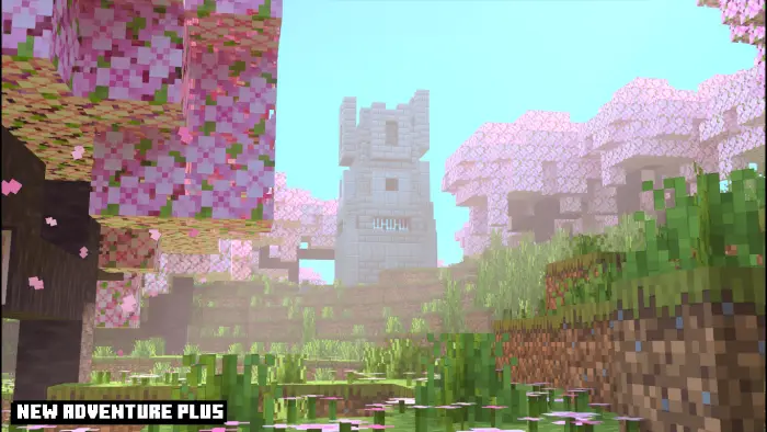 Stone tower amid cherry blossom trees