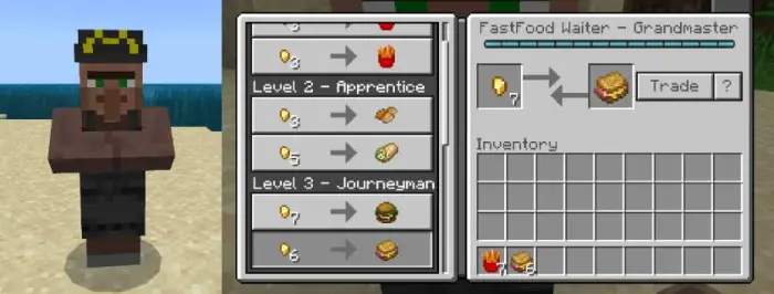 Villager trading fast food items and recipes