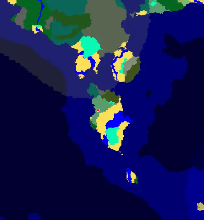 Pixelated island map with varied terrain colors.