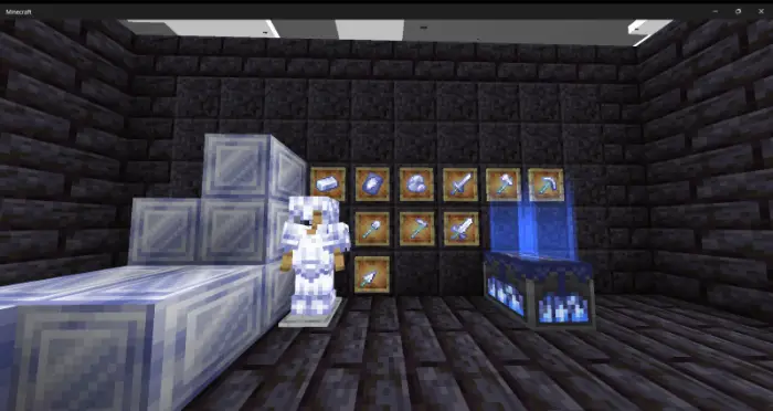 Player in crystal armor with new tools displayed