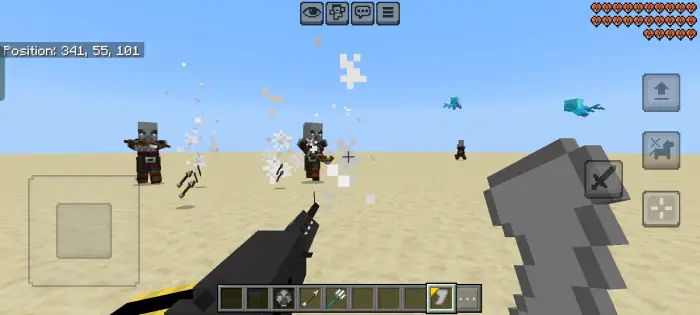 First-person view firing a machine gun at mobs