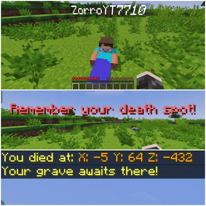 Dead player body with grave coordinates shown.