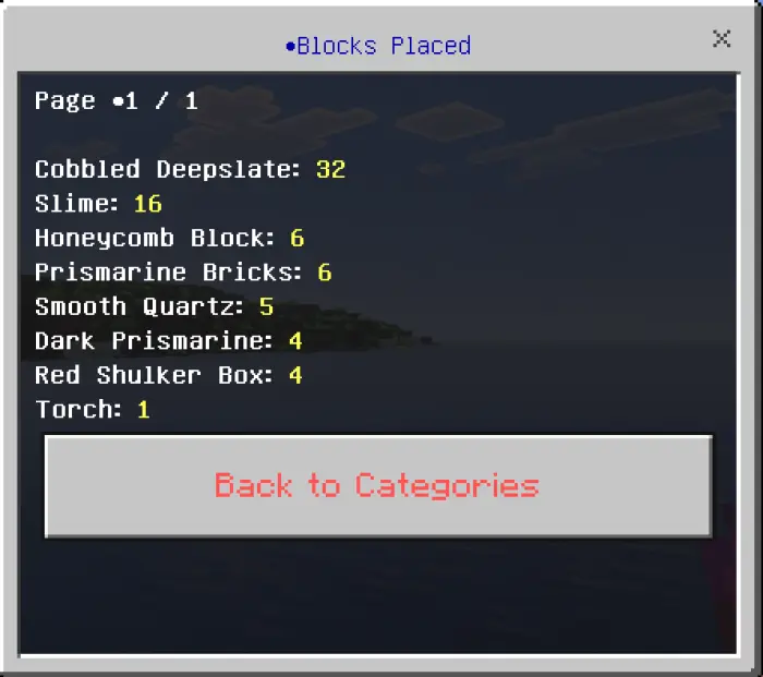 Blocks placed stats with item counts shown.