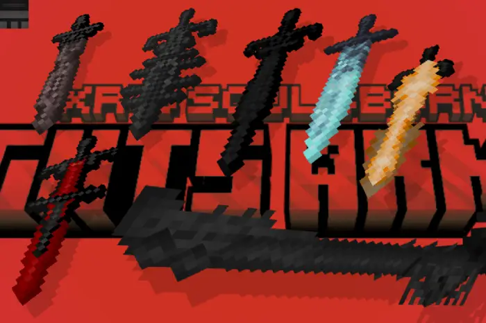 Six pixelated fantasy swords on red background