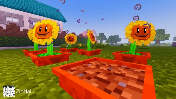 Blocky sunflowers in red plant pots outdoors