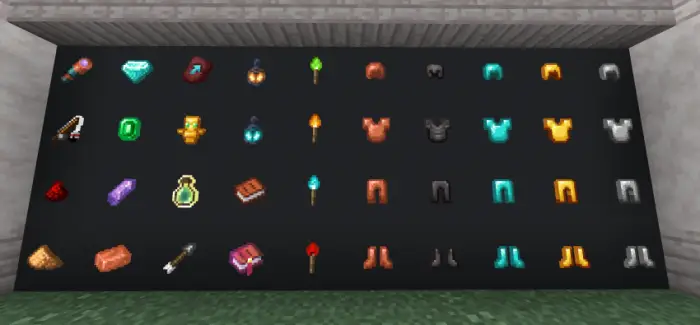 Game items and armor displayed on a wall