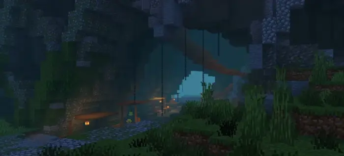 Cave with soft lighting and lush greenery