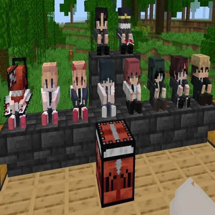 Anime characters sitting near a red box.