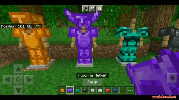 Colorful custom armor sets on display stands