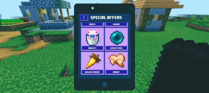 Player holding tablet with item shop menu